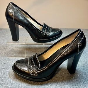 Black patent leather with white stitching heels, sz 8